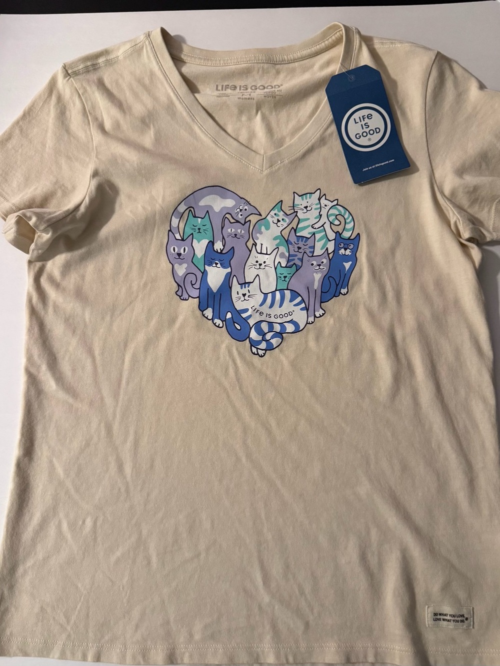 Life Is Good Cream V-Neck Tee with Blue, Teal & Purple Cat Heart